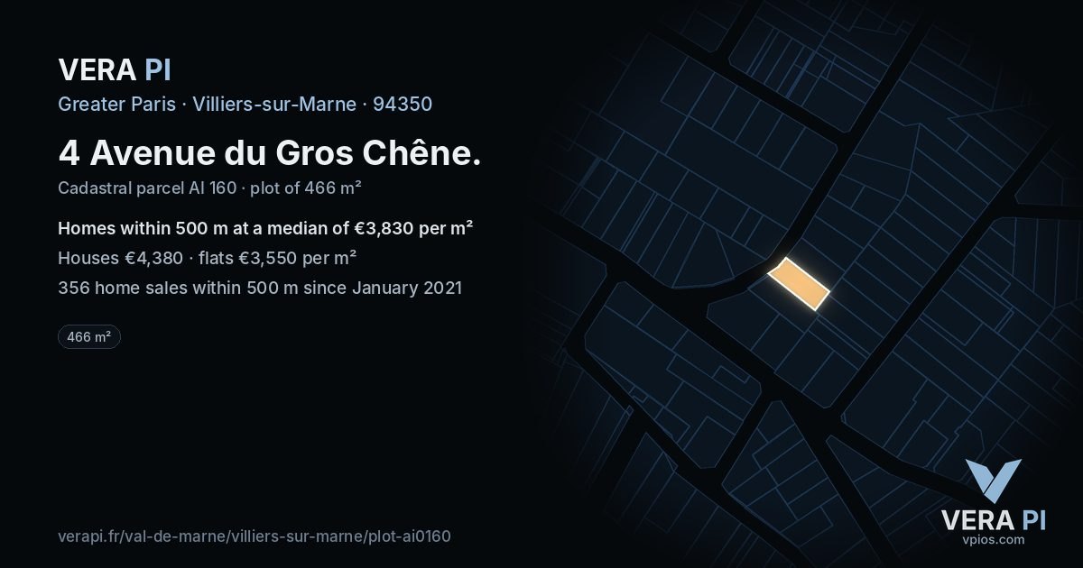 4 Avenue du Gros Chêne, Villiers-sur-Marne at night – the plot lit, the parcels around coloured by the prices near them