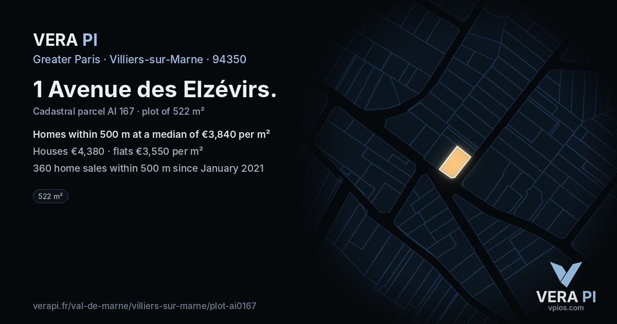 1 Avenue des Elzévirs, Villiers-sur-Marne at night – the plot lit, the parcels around coloured by the prices near them