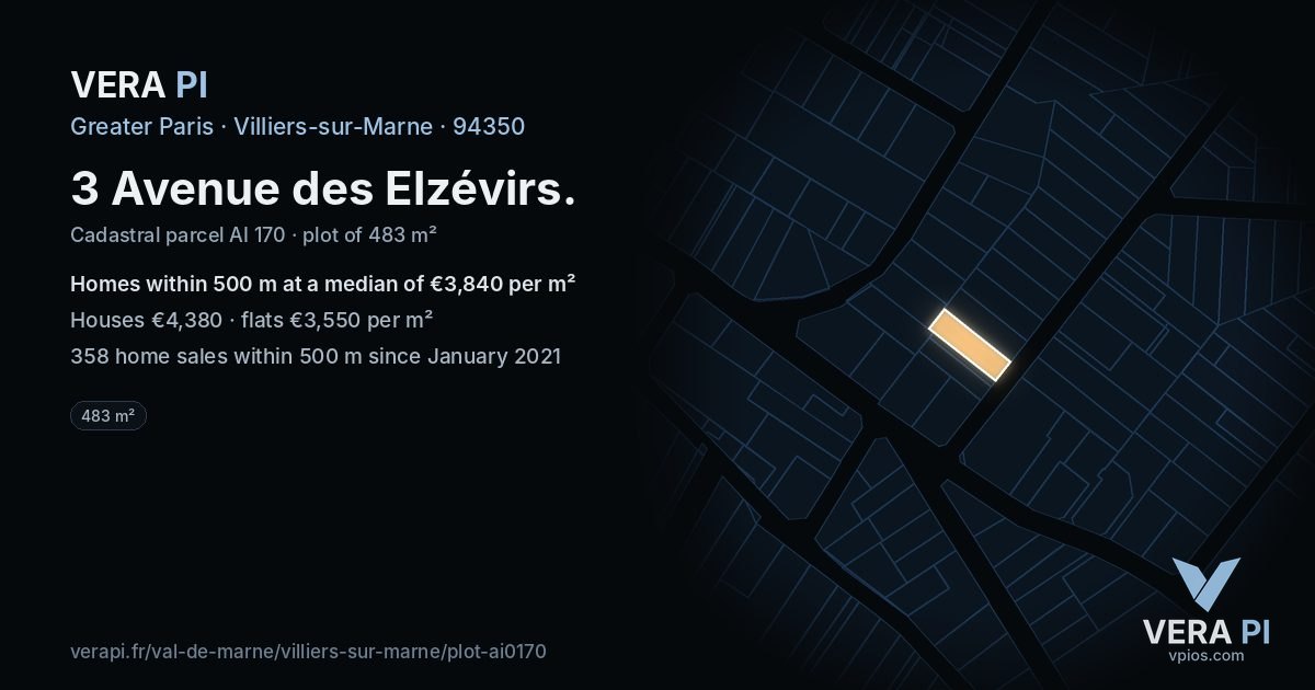 3 Avenue des Elzévirs, Villiers-sur-Marne at night – the plot lit, the parcels around coloured by the prices near them