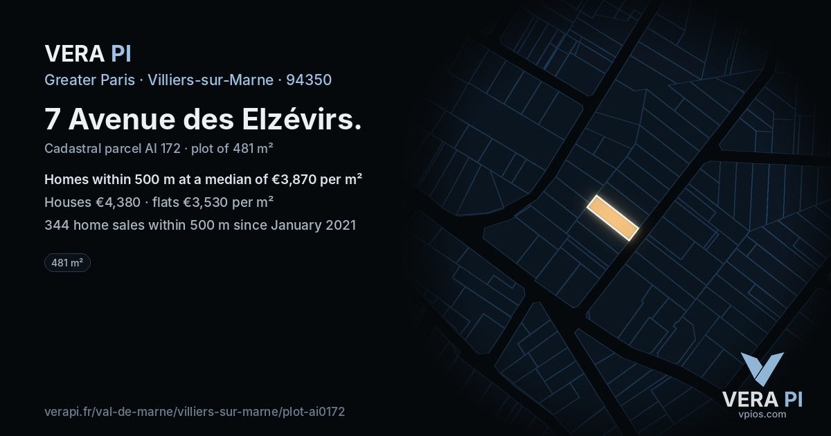 7 Avenue des Elzévirs, Villiers-sur-Marne at night – the plot lit, the parcels around coloured by the prices near them