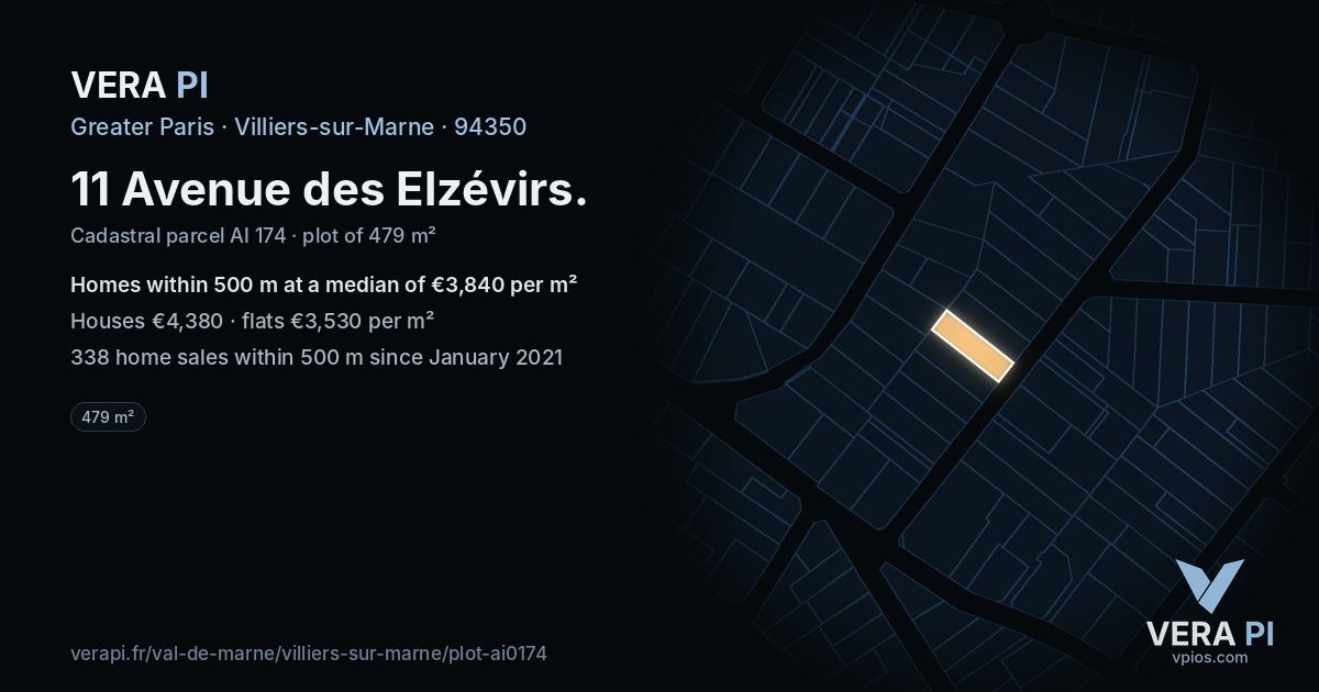 11 Avenue des Elzévirs, Villiers-sur-Marne at night – the plot lit, the parcels around coloured by the prices near them