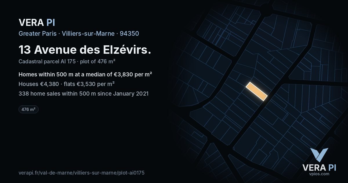 13 Avenue des Elzévirs, Villiers-sur-Marne at night – the plot lit, the parcels around coloured by the prices near them