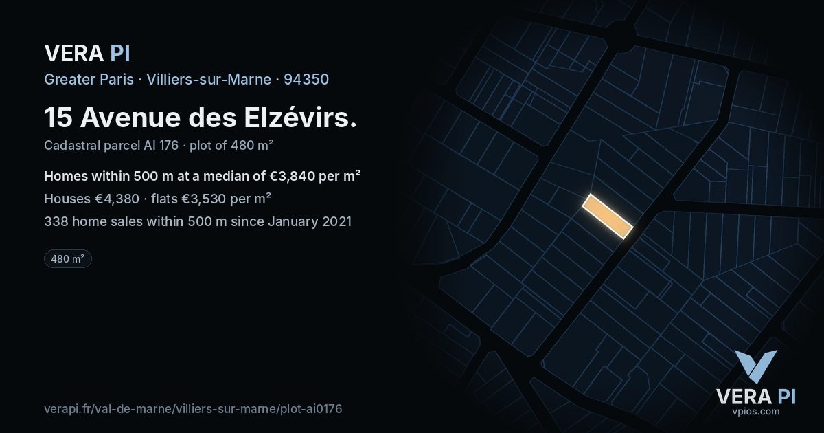 15 Avenue des Elzévirs, Villiers-sur-Marne at night – the plot lit, the parcels around coloured by the prices near them