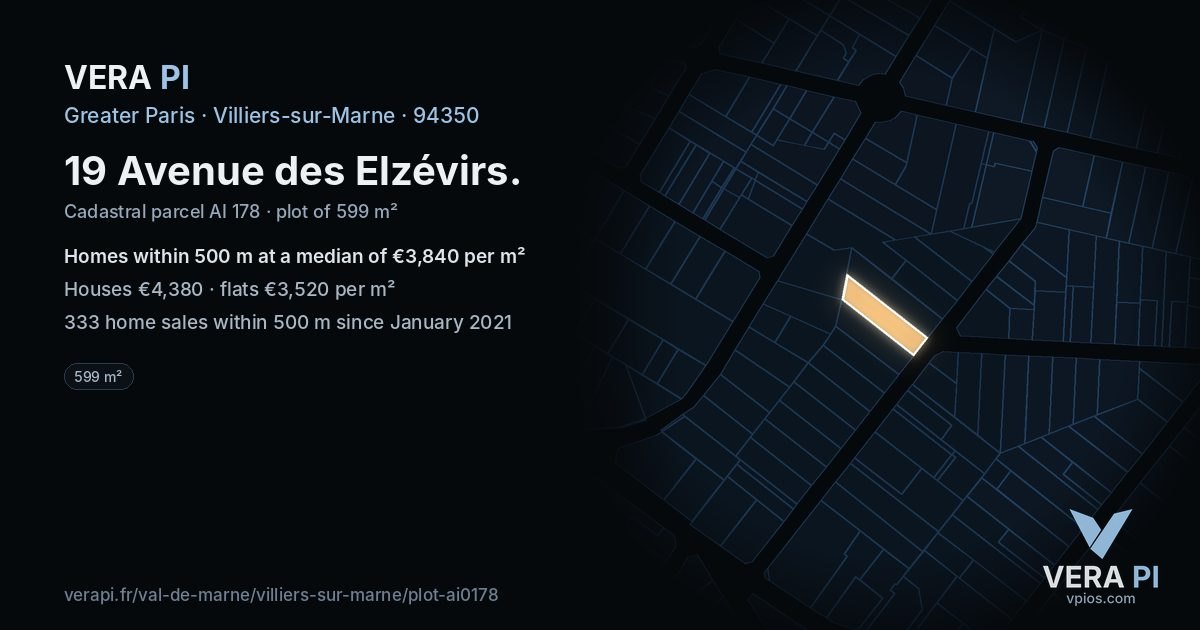 19 Avenue des Elzévirs, Villiers-sur-Marne at night – the plot lit, the parcels around coloured by the prices near them