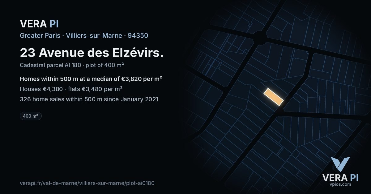 23 Avenue des Elzévirs, Villiers-sur-Marne at night – the plot lit, the parcels around coloured by the prices near them