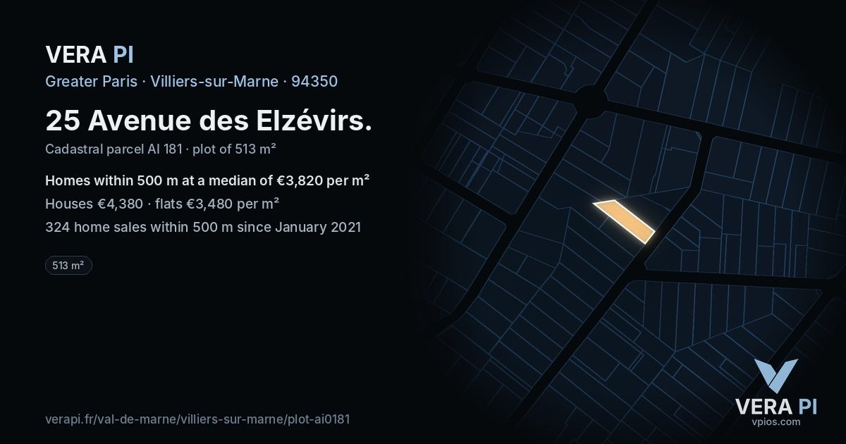 25 Avenue des Elzévirs, Villiers-sur-Marne at night – the plot lit, the parcels around coloured by the prices near them