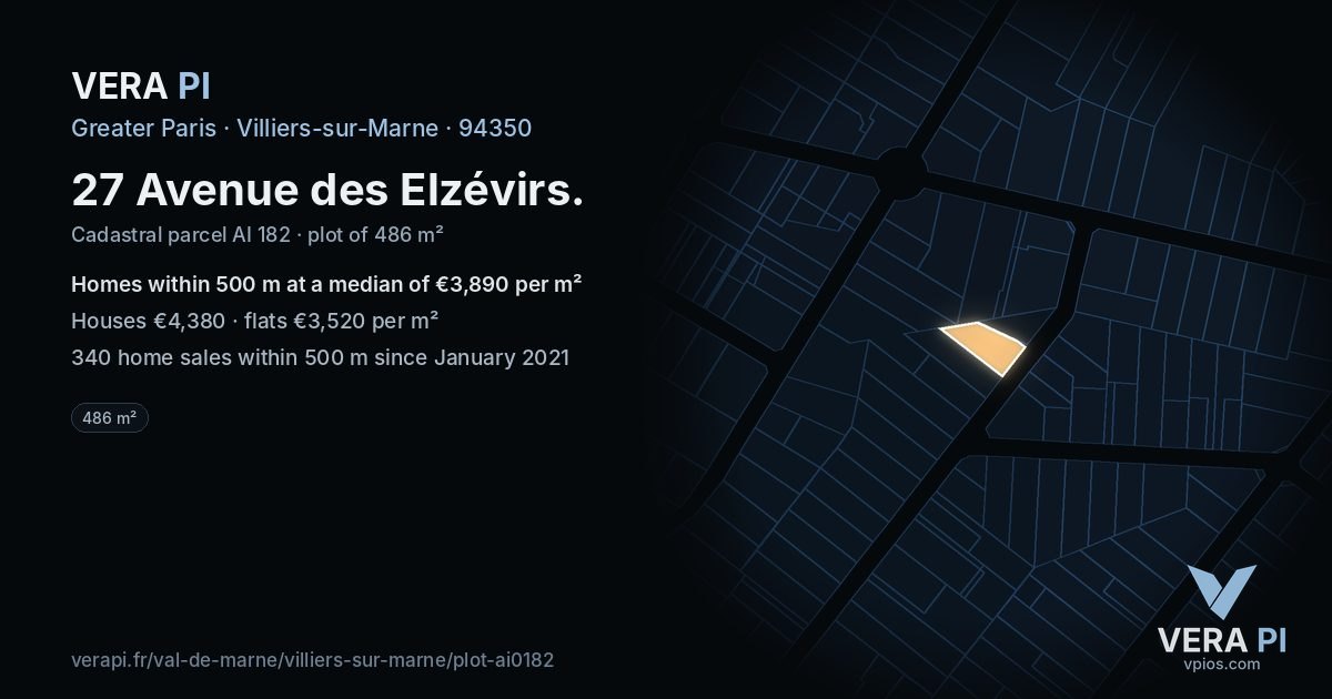 27 Avenue des Elzévirs, Villiers-sur-Marne at night – the plot lit, the parcels around coloured by the prices near them