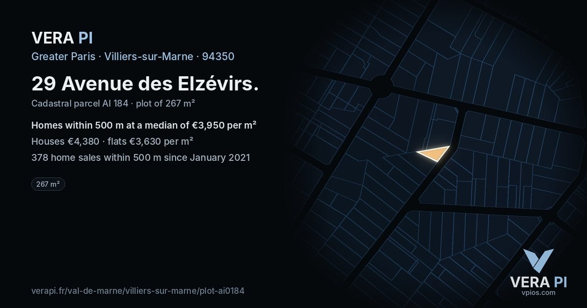 29 Avenue des Elzévirs, Villiers-sur-Marne at night – the plot lit, the parcels around coloured by the prices near them