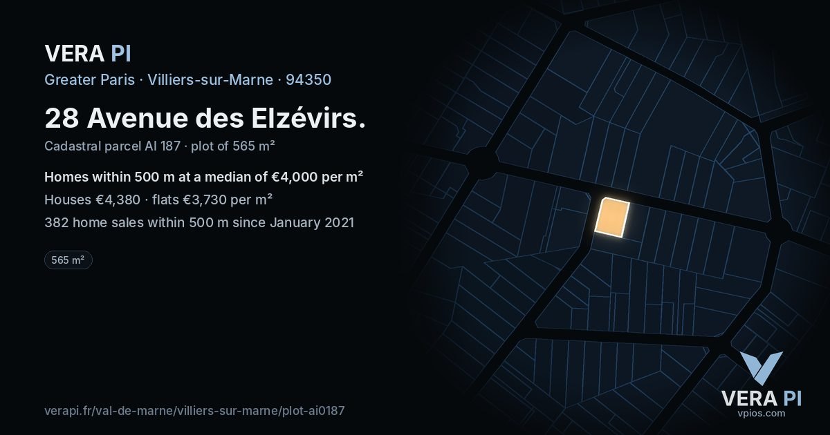 28 Avenue des Elzévirs, Villiers-sur-Marne at night – the plot lit, the parcels around coloured by the prices near them