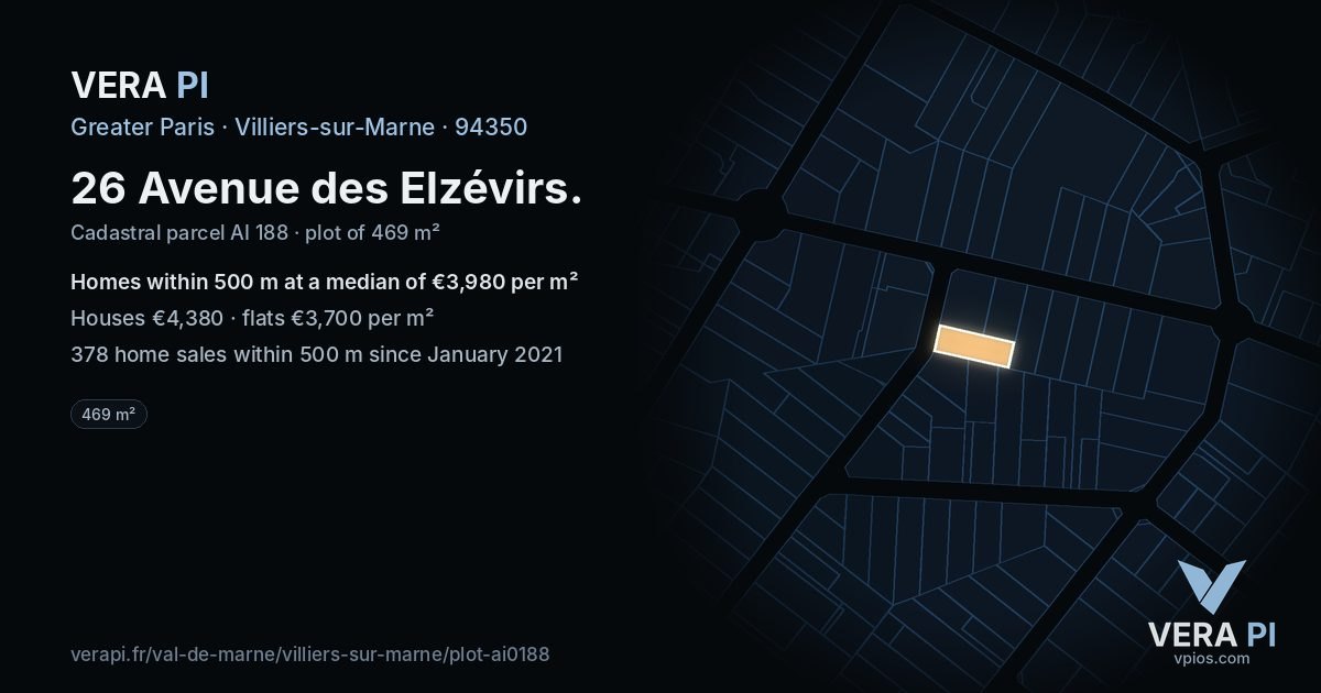 26 Avenue des Elzévirs, Villiers-sur-Marne at night – the plot lit, the parcels around coloured by the prices near them