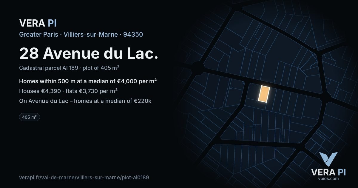 28 Avenue du Lac, Villiers-sur-Marne at night – the plot lit, the parcels around coloured by the prices near them
