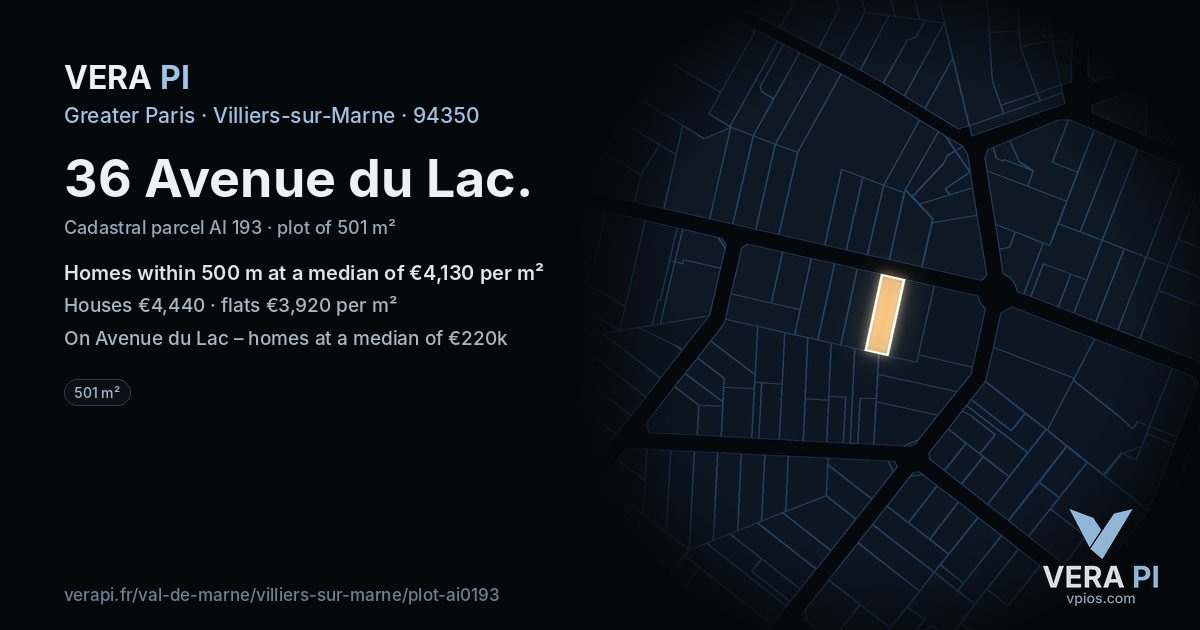36 Avenue du Lac, Villiers-sur-Marne at night – the plot lit, the parcels around coloured by the prices near them