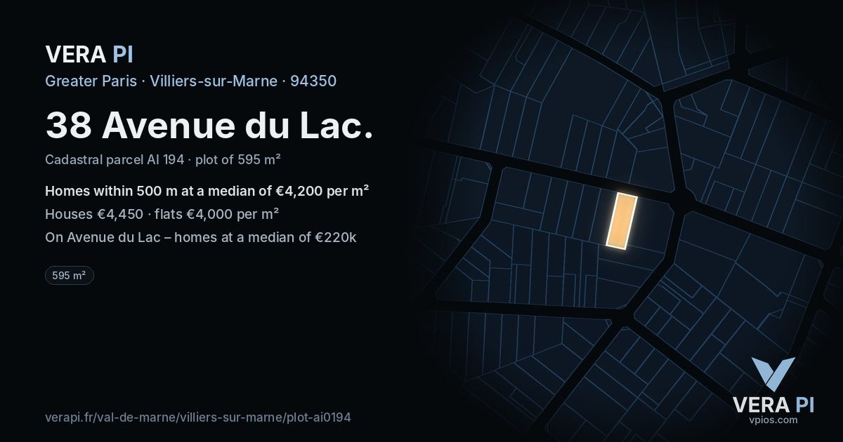 38 Avenue du Lac, Villiers-sur-Marne at night – the plot lit, the parcels around coloured by the prices near them
