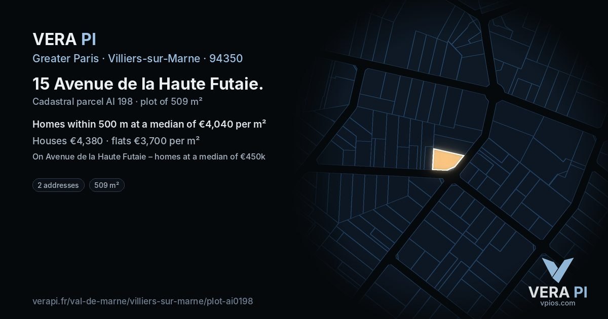 15 Avenue de la Haute Futaie, Villiers-sur-Marne at night – the plot lit, the parcels around coloured by the prices near them