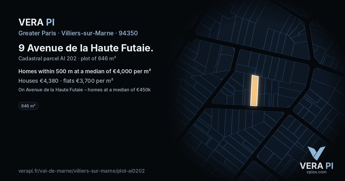 9 Avenue de la Haute Futaie, Villiers-sur-Marne at night – the plot lit, the parcels around coloured by the prices near them