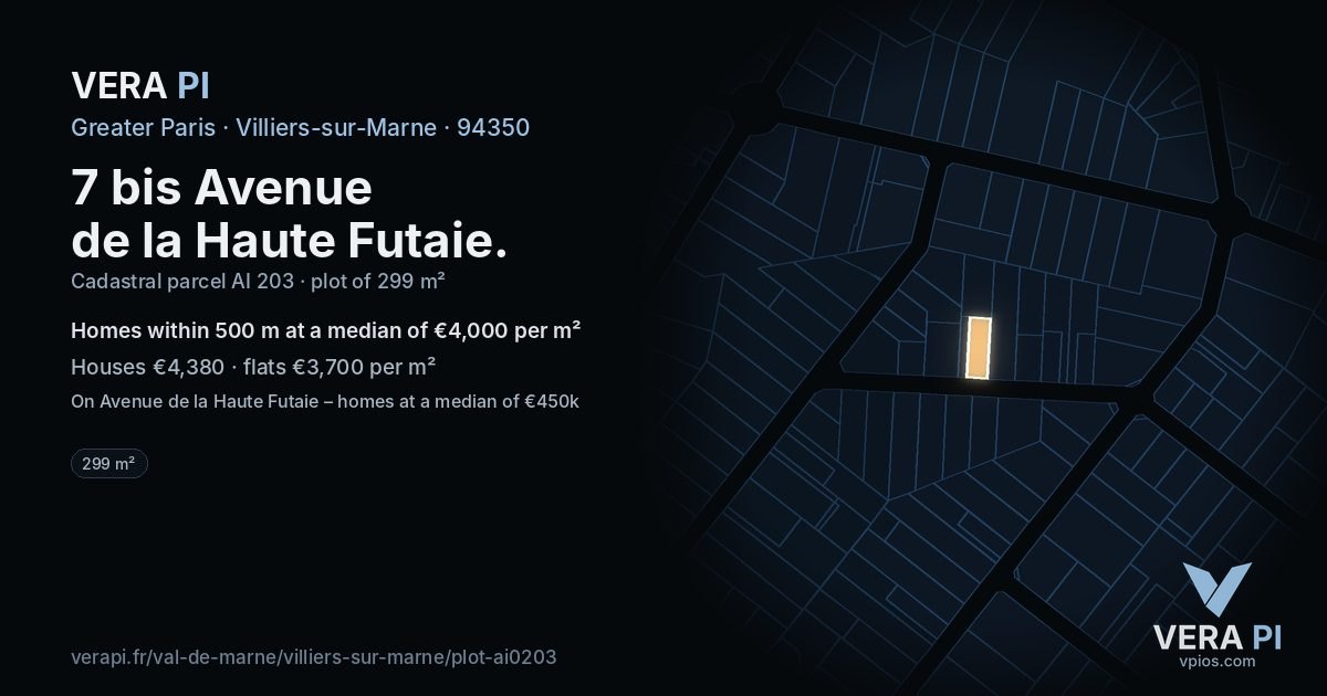 7 bis Avenue de la Haute Futaie, Villiers-sur-Marne at night – the plot lit, the parcels around coloured by the prices near them