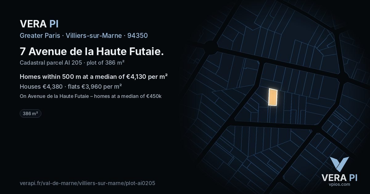 7 Avenue de la Haute Futaie, Villiers-sur-Marne at night – the plot lit, the parcels around coloured by the prices near them