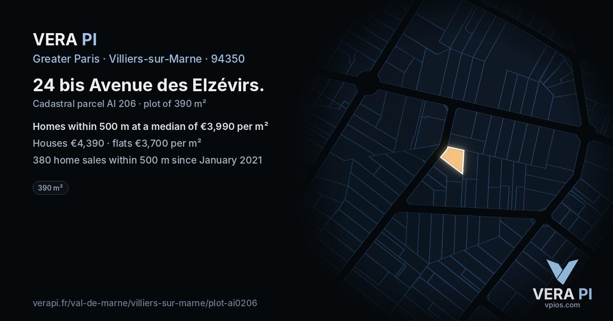 24 bis Avenue des Elzévirs, Villiers-sur-Marne at night – the plot lit, the parcels around coloured by the prices near them