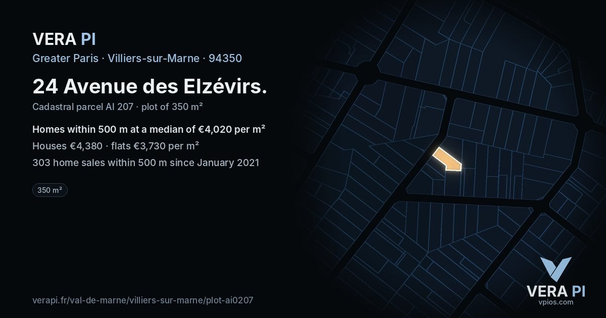 24 Avenue des Elzévirs, Villiers-sur-Marne at night – the plot lit, the parcels around coloured by the prices near them
