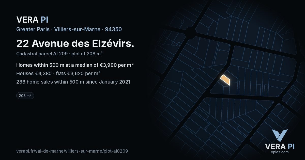22 Avenue des Elzévirs, Villiers-sur-Marne at night – the plot lit, the parcels around coloured by the prices near them