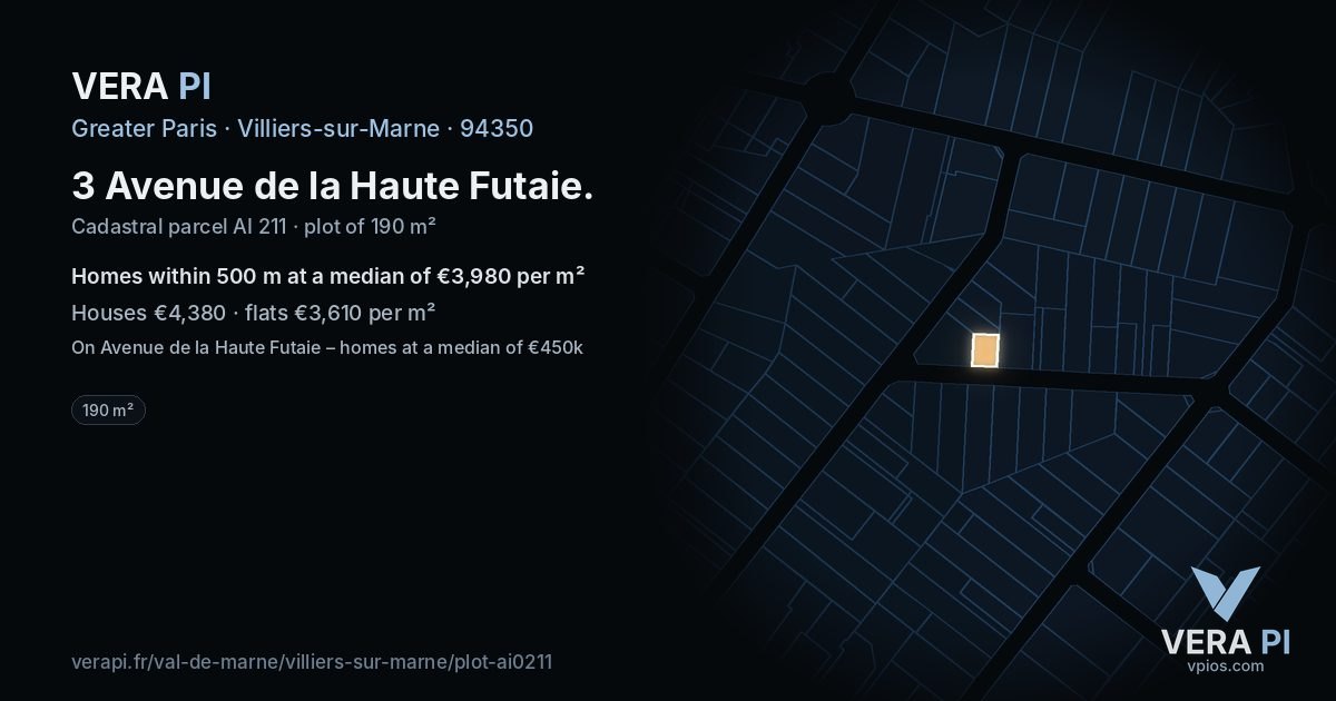 3 Avenue de la Haute Futaie, Villiers-sur-Marne at night – the plot lit, the parcels around coloured by the prices near them