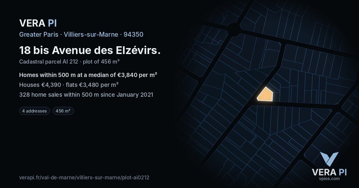 18 bis Avenue des Elzévirs, Villiers-sur-Marne at night – the plot lit, the parcels around coloured by the prices near them
