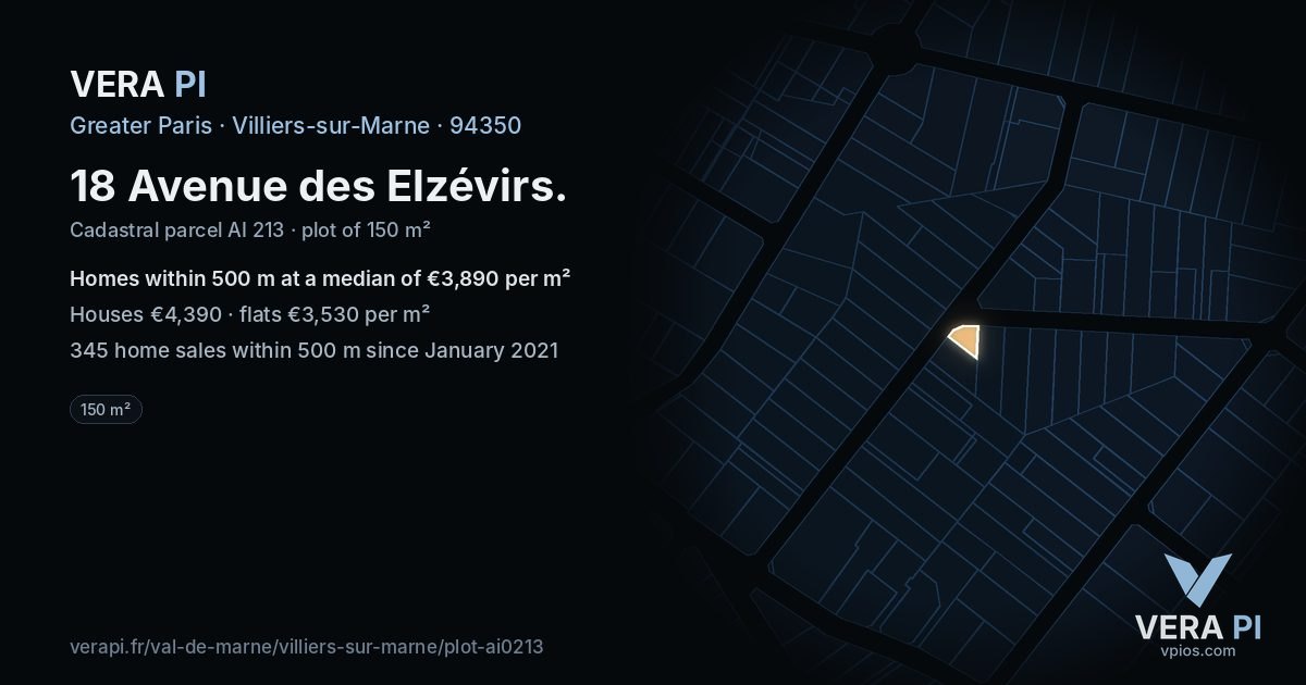 18 Avenue des Elzévirs, Villiers-sur-Marne at night – the plot lit, the parcels around coloured by the prices near them