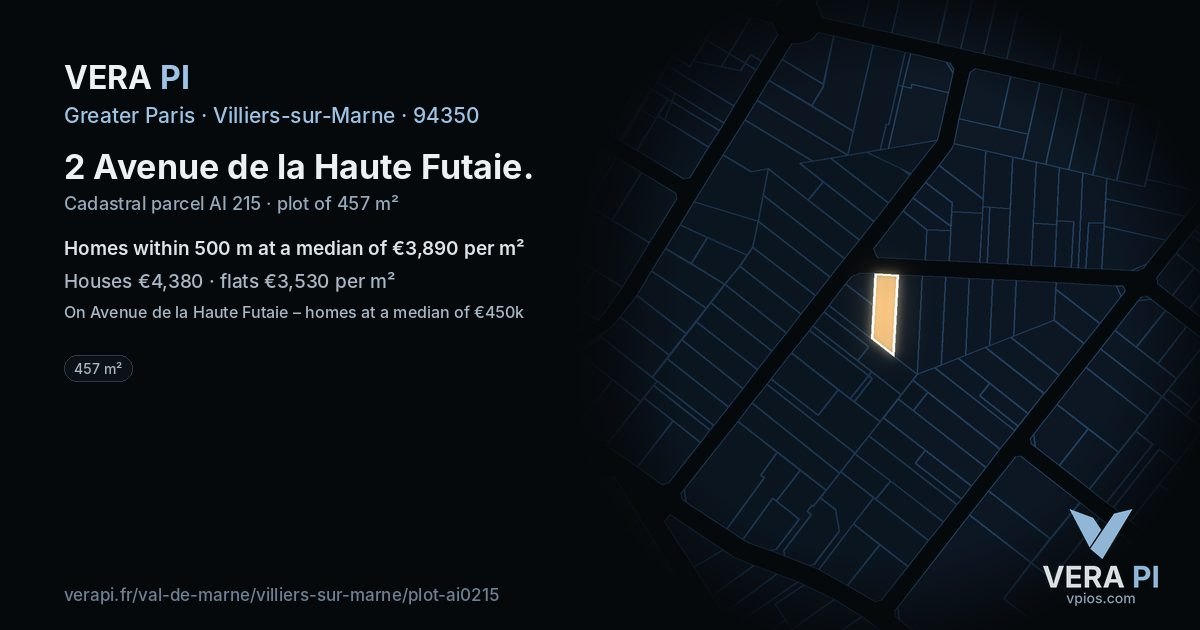 2 Avenue de la Haute Futaie, Villiers-sur-Marne at night – the plot lit, the parcels around coloured by the prices near them