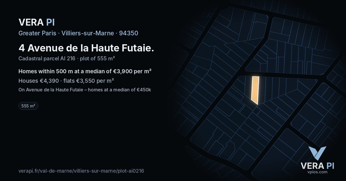 4 Avenue de la Haute Futaie, Villiers-sur-Marne at night – the plot lit, the parcels around coloured by the prices near them