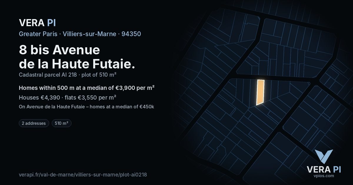 8 bis Avenue de la Haute Futaie, Villiers-sur-Marne at night – the plot lit, the parcels around coloured by the prices near them