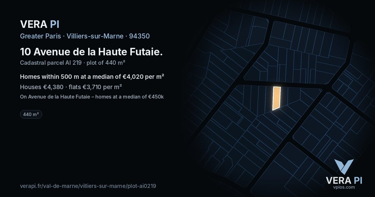 10 Avenue de la Haute Futaie, Villiers-sur-Marne at night – the plot lit, the parcels around coloured by the prices near them