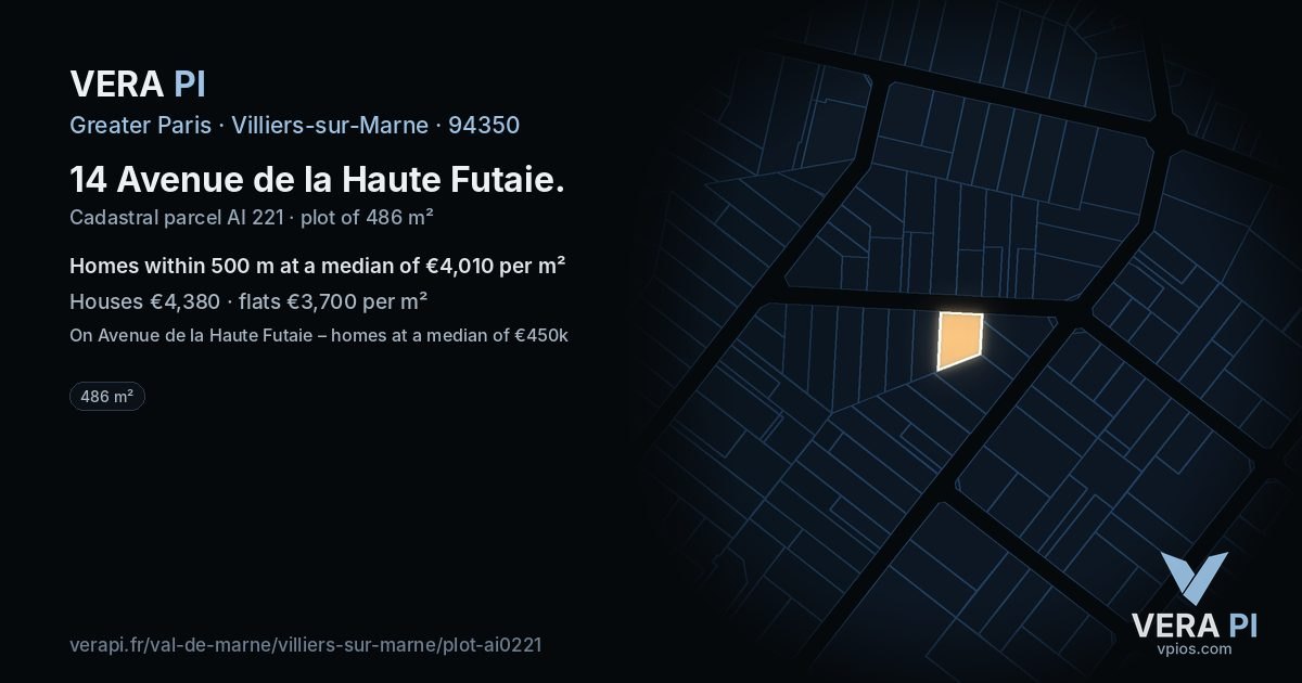 14 Avenue de la Haute Futaie, Villiers-sur-Marne at night – the plot lit, the parcels around coloured by the prices near them
