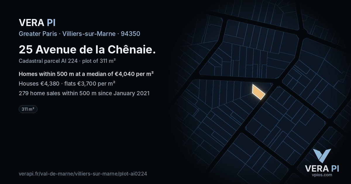 25 Avenue de la Chênaie, Villiers-sur-Marne at night – the plot lit, the parcels around coloured by the prices near them