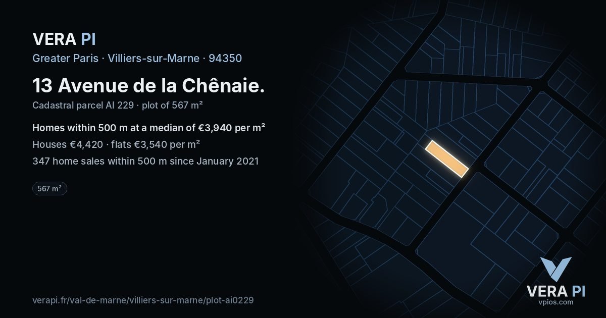 13 Avenue de la Chênaie, Villiers-sur-Marne at night – the plot lit, the parcels around coloured by the prices near them