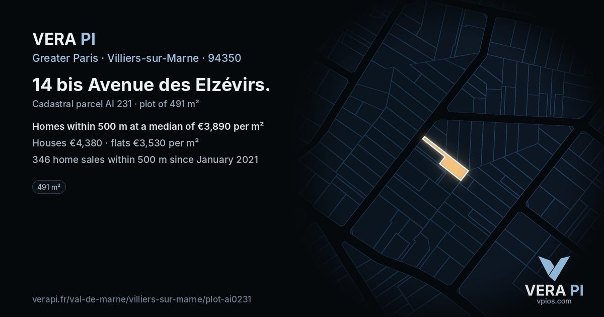 14 bis Avenue des Elzévirs, Villiers-sur-Marne at night – the plot lit, the parcels around coloured by the prices near them