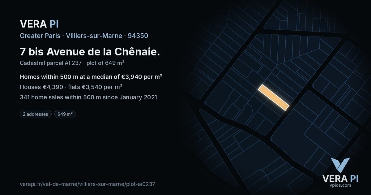 7 bis Avenue de la Chênaie, Villiers-sur-Marne at night – the plot lit, the parcels around coloured by the prices near them
