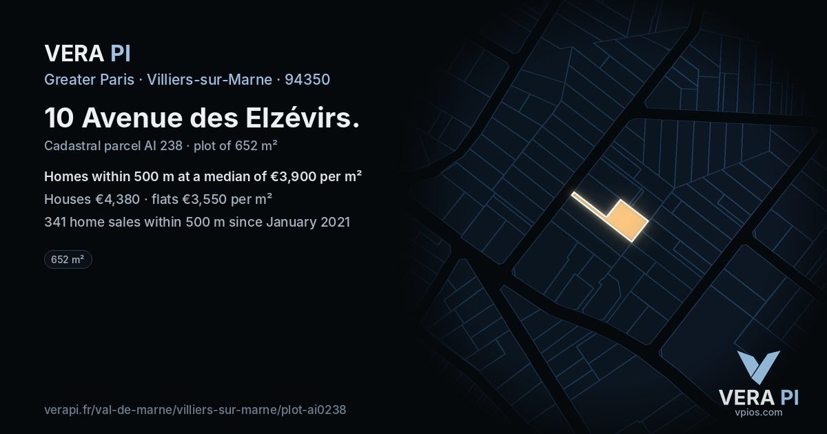 10 Avenue des Elzévirs, Villiers-sur-Marne at night – the plot lit, the parcels around coloured by the prices near them