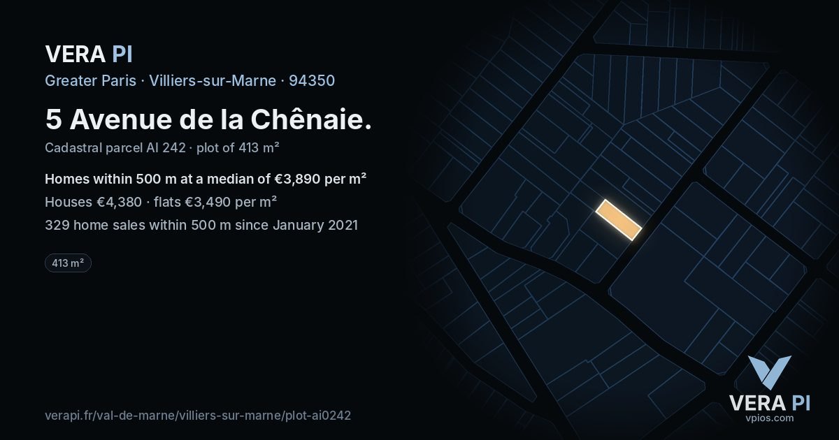 5 Avenue de la Chênaie, Villiers-sur-Marne at night – the plot lit, the parcels around coloured by the prices near them