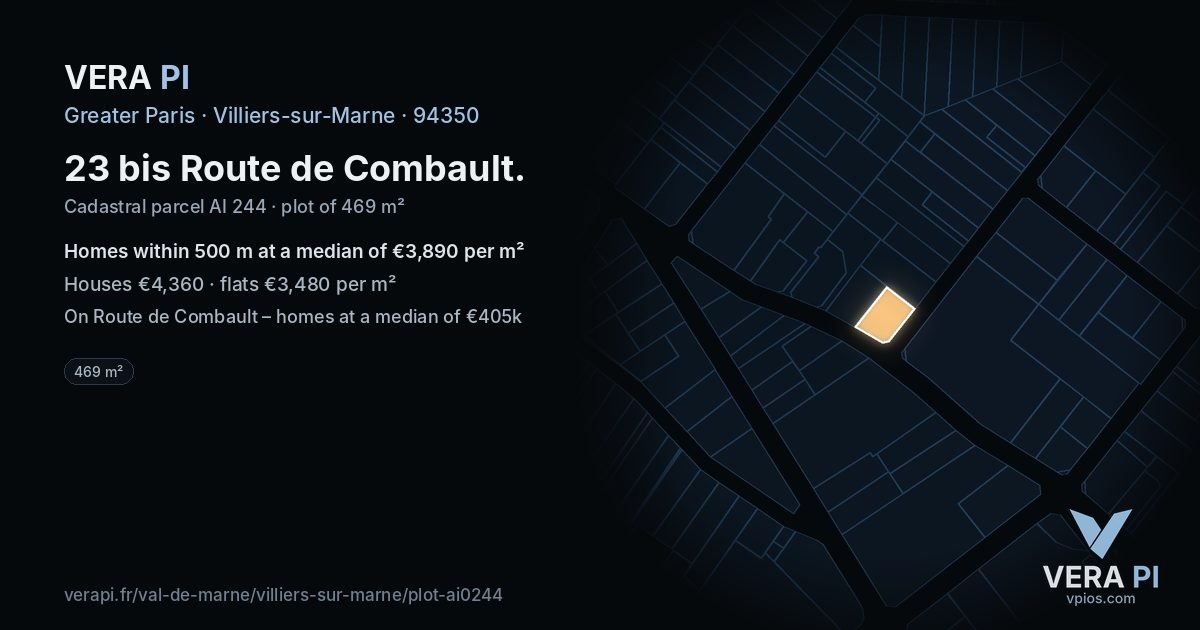 23 bis Route de Combault, Villiers-sur-Marne at night – the plot lit, the parcels around coloured by the prices near them