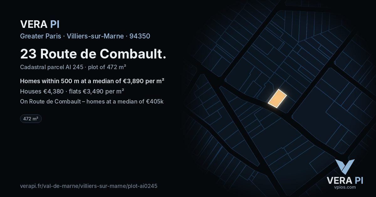 23 Route de Combault, Villiers-sur-Marne at night – the plot lit, the parcels around coloured by the prices near them