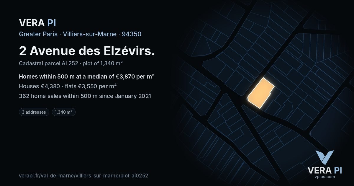 2 Avenue des Elzévirs, Villiers-sur-Marne at night – the plot lit, the parcels around coloured by the prices near them