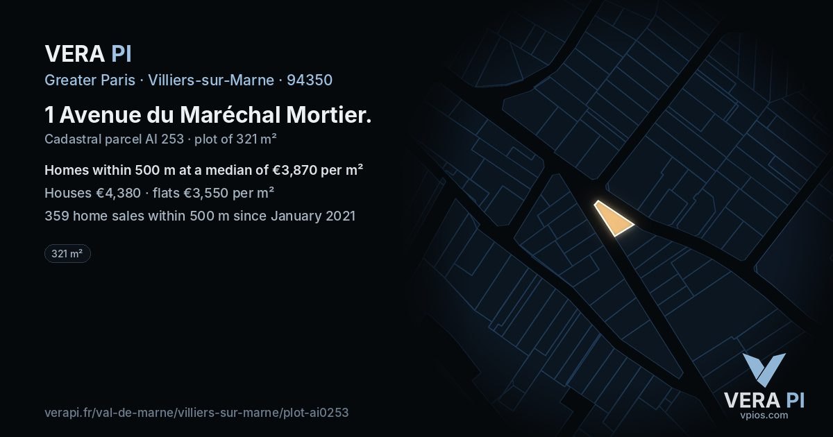 1 Avenue du Maréchal Mortier, Villiers-sur-Marne at night – the plot lit, the parcels around coloured by the prices near them