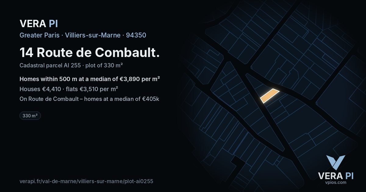 14 Route de Combault, Villiers-sur-Marne at night – the plot lit, the parcels around coloured by the prices near them