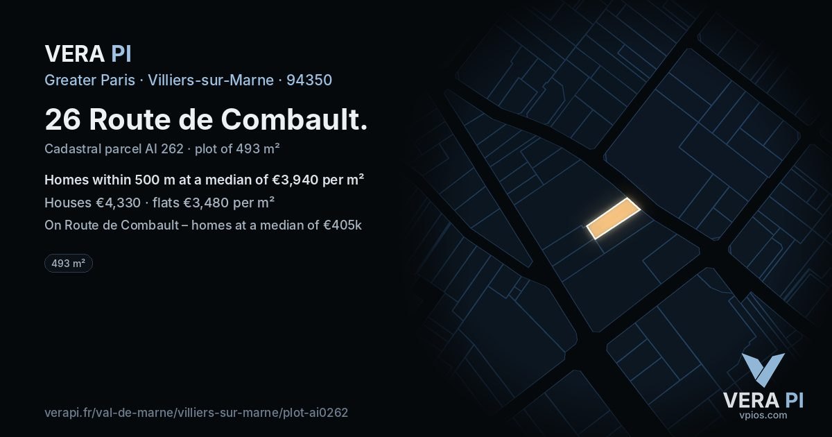 26 Route de Combault, Villiers-sur-Marne at night – the plot lit, the parcels around coloured by the prices near them