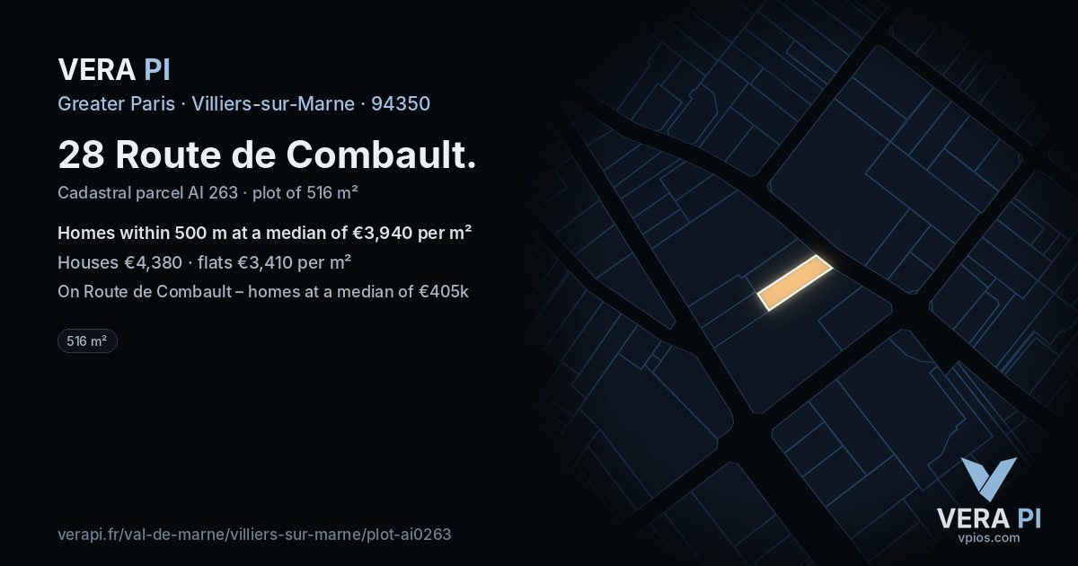 28 Route de Combault, Villiers-sur-Marne at night – the plot lit, the parcels around coloured by the prices near them