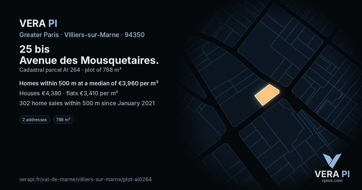 25 bis Avenue des Mousquetaires, Villiers-sur-Marne at night – the plot lit, the parcels around coloured by the prices near them
