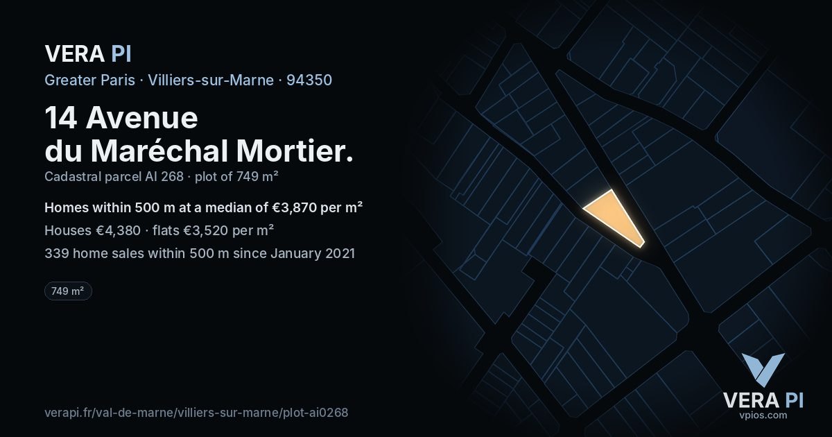 14 Avenue du Maréchal Mortier, Villiers-sur-Marne at night – the plot lit, the parcels around coloured by the prices near them