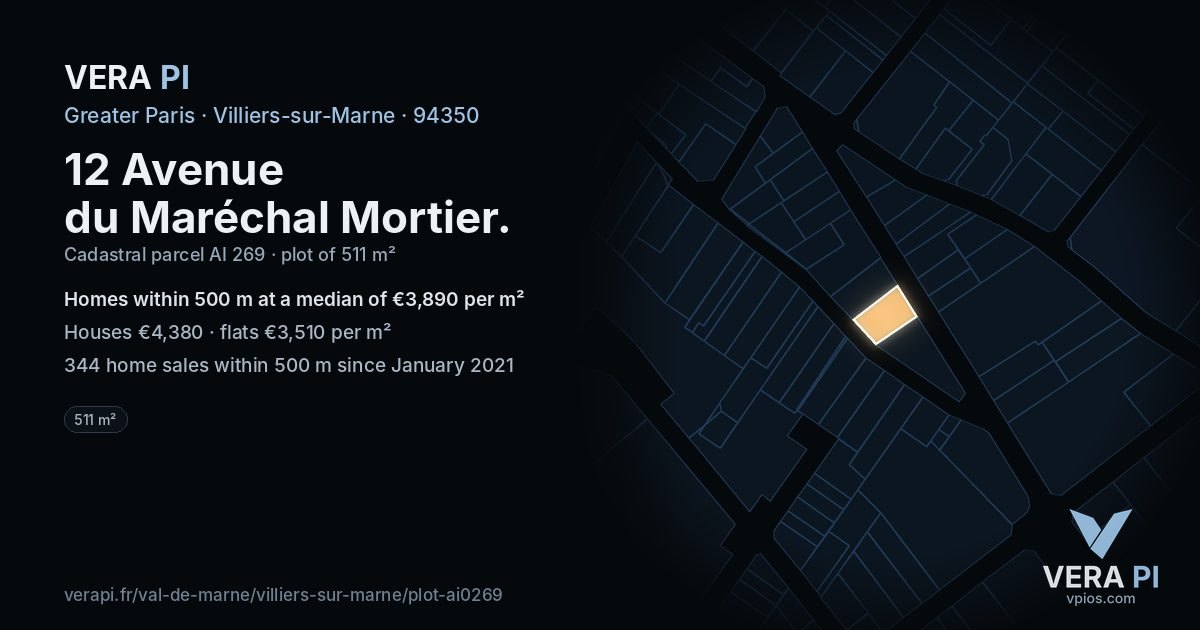 12 Avenue du Maréchal Mortier, Villiers-sur-Marne at night – the plot lit, the parcels around coloured by the prices near them