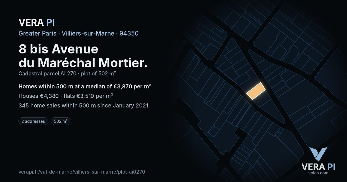 8 bis Avenue du Maréchal Mortier, Villiers-sur-Marne at night – the plot lit, the parcels around coloured by the prices near them