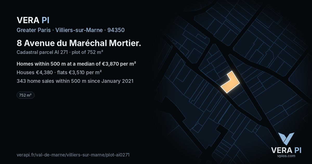 8 Avenue du Maréchal Mortier, Villiers-sur-Marne at night – the plot lit, the parcels around coloured by the prices near them